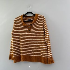 American Eagle AEO Knit Striped Henley Sweater White Mustard Yellow Size Small